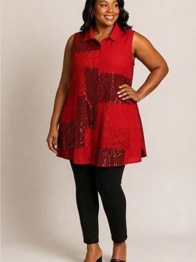 Origami by Vivien Red Sequin Patchwork Sleeveless Tunic